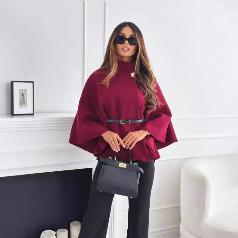 Winter Fashion Solid Color Waist Tight Strap Woolen Cloak