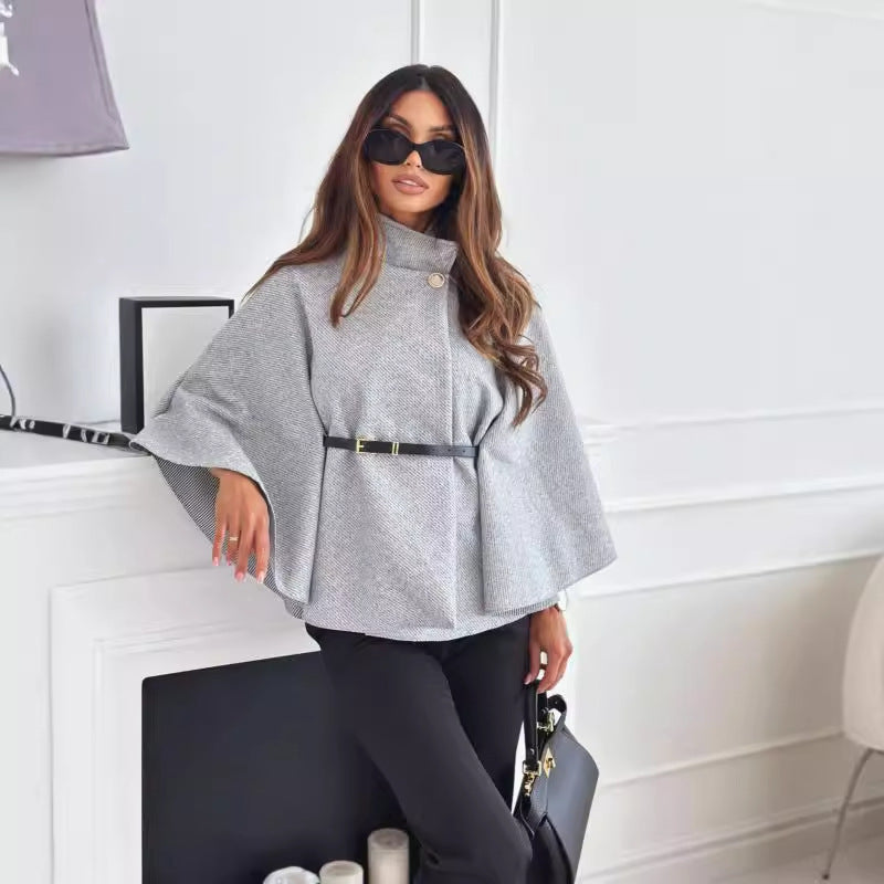 Winter Fashion Solid Color Waist Tight Strap Woolen Cloak