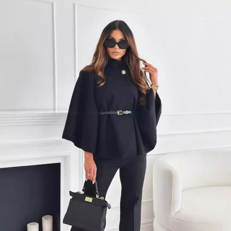 Winter Fashion Solid Color Waist Tight Strap Woolen Cloak