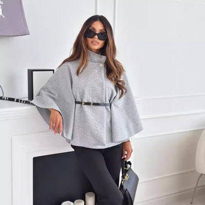 Winter Fashion Solid Color Waist Tight Strap Woolen Cloak