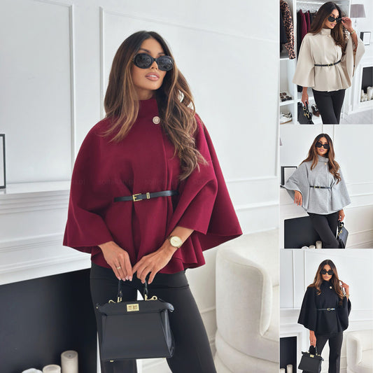 Winter Fashion Solid Color Waist Tight Strap Woolen Cloak